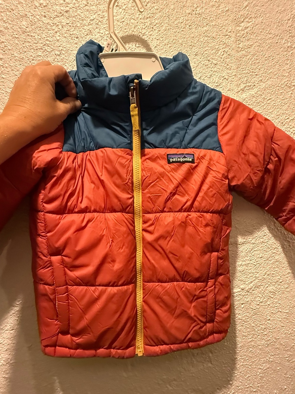 Patagonia Kids Two-Tone Puffer Jacket in Red and Blue with Yellow Zip